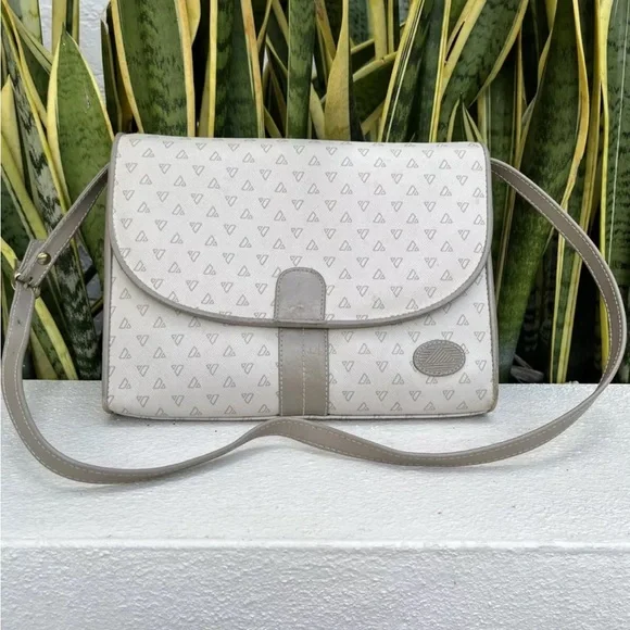 Liz Claiborne Purse Cream Taupe Brown Triangle Logo Leather Bag Vintage 80s 1985